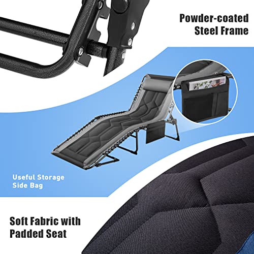 Flamaker Folding Chaise Lounge Outdoor Portable Lounge Chairs 4-Position Adjustable Camping Lounge Chair with Pillow & Side Bag Lightweight Recliner Sunbathing Chair for Pool Beach Deck (Grey) - color: Grey