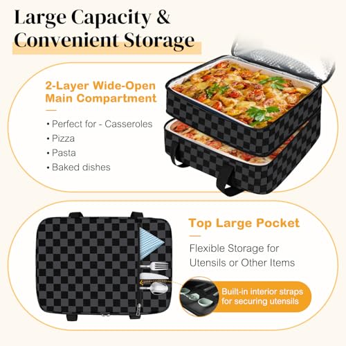 Coobiiya Insulated Casserole Carrier,Lasagna Lugger Tote Keeps Food Hot or Cold,Thermal Lunch Bag Warmer & Cooler Carrier Bag,Portable Tote Bag Fits 9" x 13" Baking Dish for Picnic and Cookout - color: Black Grid, size: Double Layer: 15.75 × 11.8 × 7.87 i