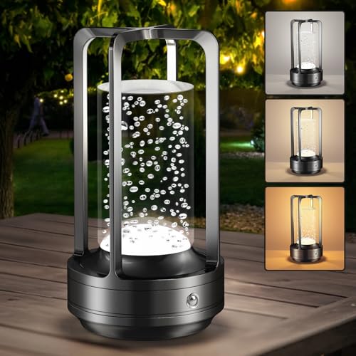 Portable Table Lamp for Outdoor Indoor: Cordless Rechargeable Desk Lamp with 3 Color Stepless Dimmable - Metal Battery Operated Lantern Light for Bedroom/Bar/Coffee Shop/Camping (Black (Bubble)) - color: Black (Bubble)