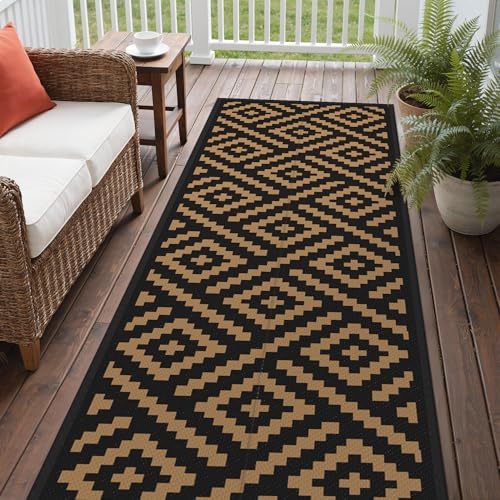 sarben Outdoor Rug for Patio - Waterproof Plastic Straw Camping Rugs 2.5x8 ft, Reversible Outdoor Indoor RV Mat Carpet for Patio, Porch, Deck, Balcony, Picnic, Beach, Black Brown - color: Black&brown, size: 2'6" x 8' (Rectangular)