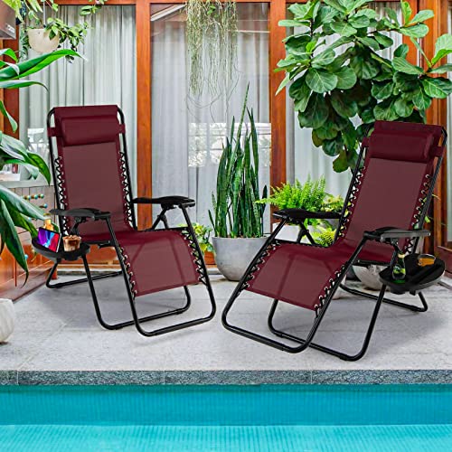 Goplus Zero Gravity Lounge Chairs, 160°Adjustable Folding Recliner w/Pillow and Cup Holder, 350LBS Comfy Outdoor Lounge Chairs for Patio, Lawn, Yard & Camp(1, Wine) - color: Wine, size: 35.4" x 25.2" x 43.3" (Set of 1)