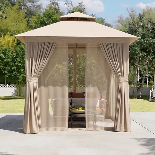 AOXUN Outdoor Gazebo for Patio 8x8 Metal Frame Canopy with Double Roofs Heavy Duty Party Tent and Shelter with Mosquito Netting and Privacy Screen for Backyard, Lawn, Garden, Deck (Khaki) - color: Khaki, size: 8 X 8