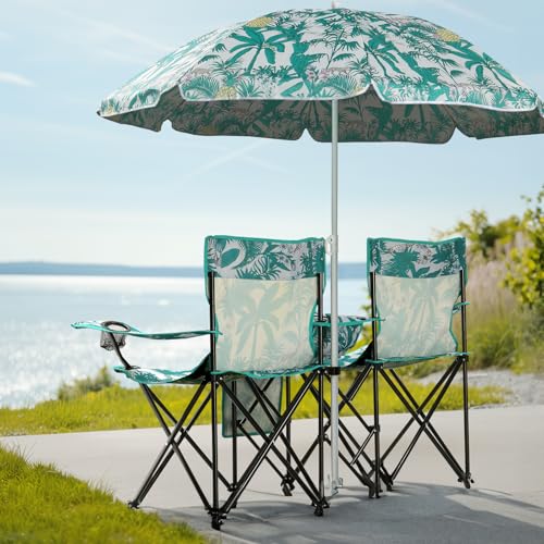 Double Folding Camping Chair W/Umbrella Fold Up Table Beverage Holder Carrying Bag Cooler for Patio Pool Park Outdoor Beach, Picnic, Portable (Pineapple) - color: Pineapple