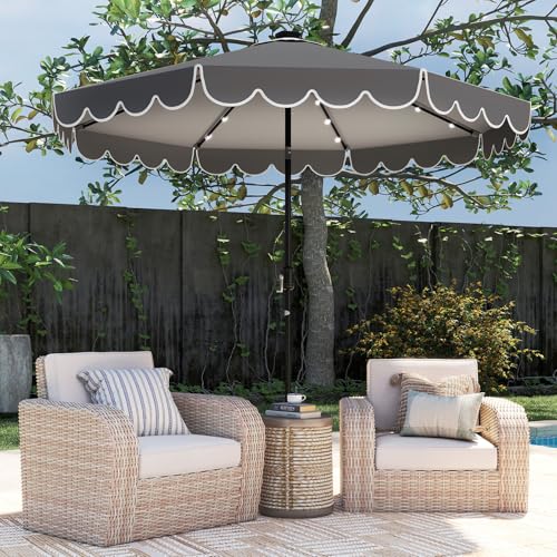 Tangkula 10FT Solar LED Patio Umbrella, 2-Tiers Scalloped Outdoor Table Market Umbrella with 24 LED Lights, Vented Top, Tilt Adjustment, Crank, 8 Ribs for Backyard Poolside Deck Beach Lawn (Gray) - color: Gray, size: 10Ft