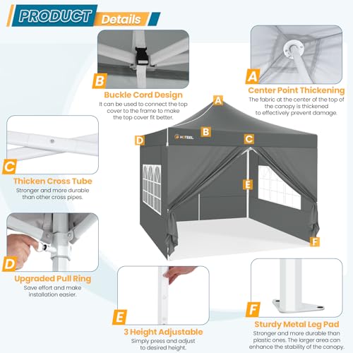 Hoteel 10x10 Pop Up Canopy Tent Heavy Duty with 4 Sidewalls, Waterproof Party Tent, Easy Set-up Commercial Instant Tents with Hand Bag & Rope & Nail, Hexagonal Leg (1-Year Warranty) - color: Gray, size: 10×10 （4 Walls）