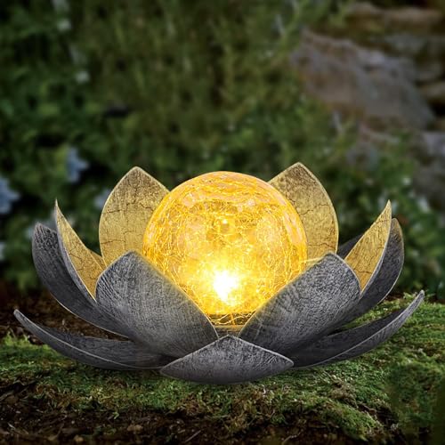 AIINY Garden Solar Light Outdoor(2Pack), Amber Crackle Globe Glass Lotus Decoration, Waterproof Gary Metal LED Flower Lights for Patio,Lawn,Walkway,Tabletop, Garden Gifts for Women - color: White