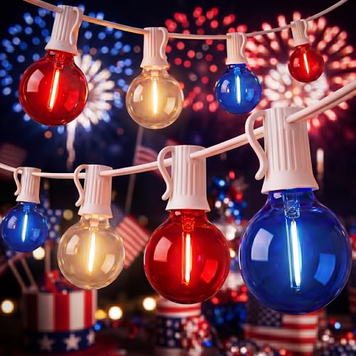 4th of July G40 LED Red White and Blue Lights, 25ft Outdoor String lights, Hanging Patio Lights with 27 Shatterproof Round Bulbs, Independence Day Decoration Warm White for Patriotic Party Garden - color: Red White Blue, size: 25Ft