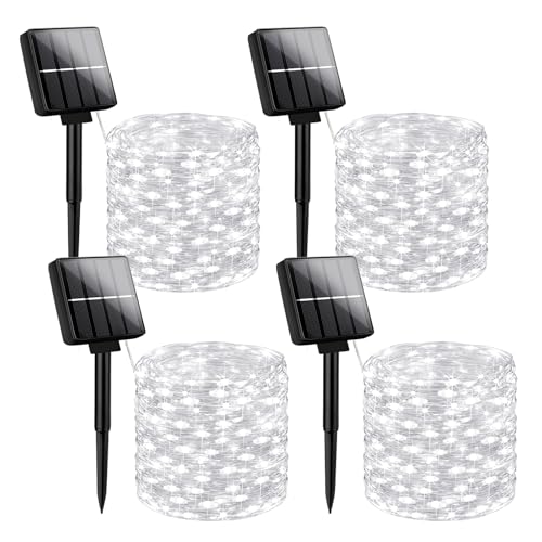 Brightever Solar Powered String Lights Outdoor Waterproof, 4-Pack Total 160FT 400 LED Solar Twinkle Lights with 8 Lighting Modes, Solar Fairy Lights for Fence, Balcony (Daylight White) - color: White, size: 4Packs（40FT 100LED）