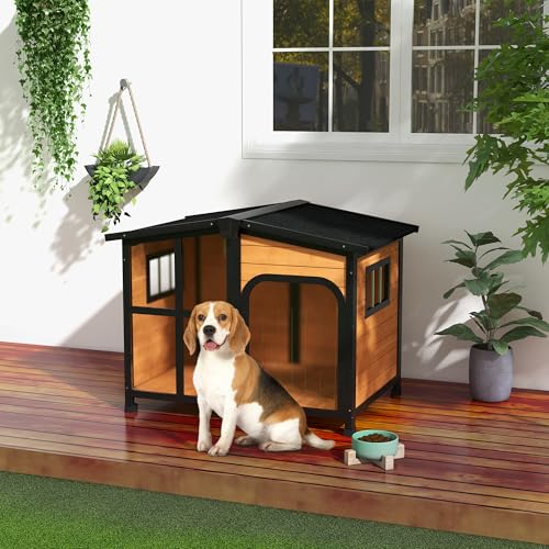 PawHut Outside Cabin-Style Wooden Dog House for Large Dogs with Openable Roof & Giant Window, Outdoor & Indoor Big Dog Shelter, Asphalt Roof, Yellow - color: Yellow