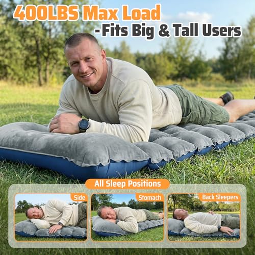 4" Thick Double-Sided Inflatable Sleeping Pad | Warm Crystal Velvet Top for Cold Weather, Waterproof Nylon Bottom | All-Season Camping Mattress for Backpacking, Hiking, Tent & Car Travel - color: Crystal Velvet Grey+blue Nylon