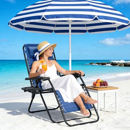 Zero Gravity Chairs Set of 2, Adjustable Lounge Chair Outdoor Recliner, Folding Reclining Lawn Chair, Anti Gravity Chair with Pillow & Cup Holder for Pool Camping Sunbathing Beach Patio