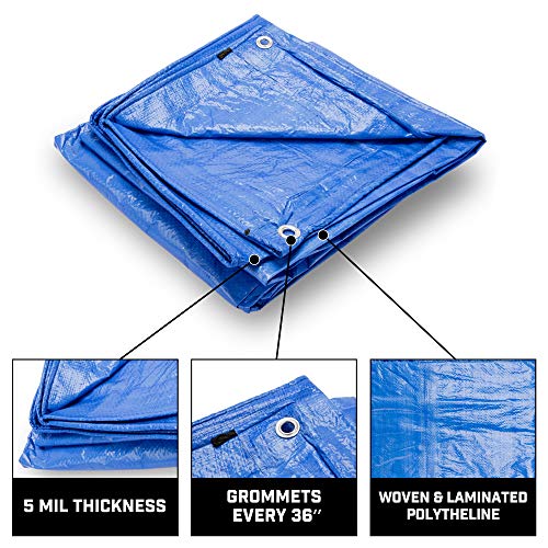 Grizzly Tarps by B-Air 6' x 8' Large Multi-Purpose Waterproof Heavy Duty Poly Tarp with Grommets Every 36", 8x8 Weave, 5 Mil Thick, For Home, Boats, Cars, Camping, Protective Cover, Blue - size: 6x8