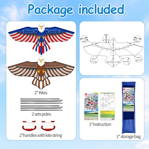 2 Pack Patriotic Eagle & Dragon & Butterfly Kite for Kids and Adults, Easy to Fly Huge Kites for Kids Ages 4-8 8-12 with 328FT String for Beach Park Easter Gift Outdoor Games and Activities - style: 2 Pack Eagle Kites