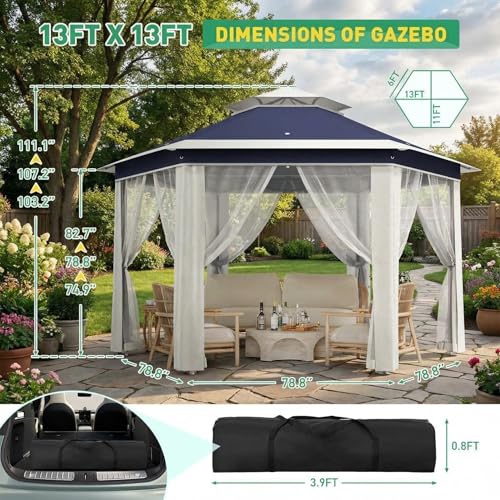 Takywep 13x13 ft Outdoor Gazebo Pop Up Canopy Tent, Heavy Duty Metal Frame, Double UV Protection, Privacy Screen Curtain, 3-Height Adjustable, Wheeled Bag & Ground Stakes for Backyard Patio Bule - color: Blue + Beige