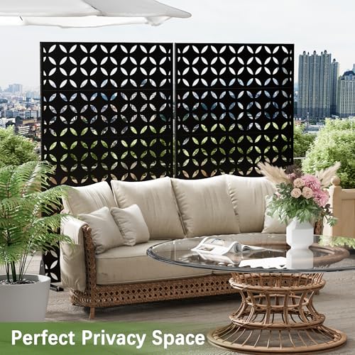 Cofar Metal Privacy Screen Outdoor 72" H×44" W -Black Freestanding Outdoor Privacy Panels with Stand, Decorative Fence for Patio, Deck, Balcony (Clover) - style: 5-Panels Clover_Black