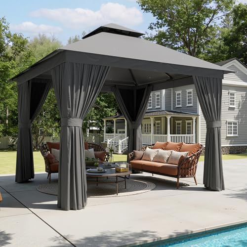 Aoxun 10x10 Outdoor Gazebo for Patio, Metal Frame Canopy Gazebo Double Roof Heavy Duty Backyard Gazebo with Mosquito Netting & Privacy Screen, Patio Shelter for Garden Lawn Deck (Grey) - color: Gray, size: 10 X 10