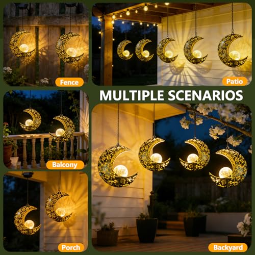 Solar Garden Hanging Moon Lights Outdoor Decor,2 Pack Metal Lanterns Art Decorations for Outside Yard Lawn Patio Wall Fences Driveway Trail,Unique Housewarming Gardening Gifts for Women Mom - size: 2 PACK Moon