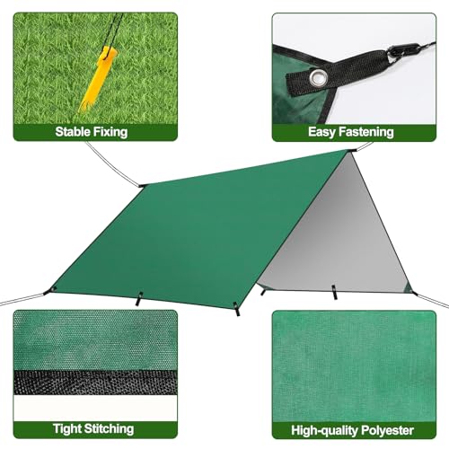 Rhino Valley Waterproof Tent Tarp, 9.8 × 9.8 Ft Large Outdoor Shelter Cover with Light Strings, Lightweight Portable Tarp Shelter Rain Tarp Camping Canopy for Hiking Traveling Backpacking - color: Dark Green