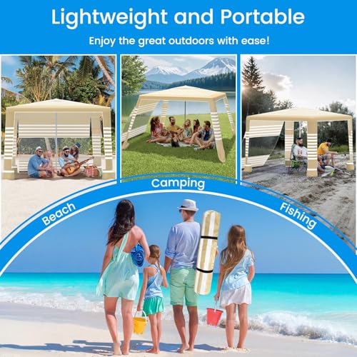 MoKo Beach Cabana, 8'×8' Large Beach Canopy with Side Wall, UPF 50+ Protection Easy Setup Beach Tent Sun Shelter, Adjustable Height Wind Resistant Cabana Beach Tent for Whole Family, Khaki Stripe - color: Khaki Stripe