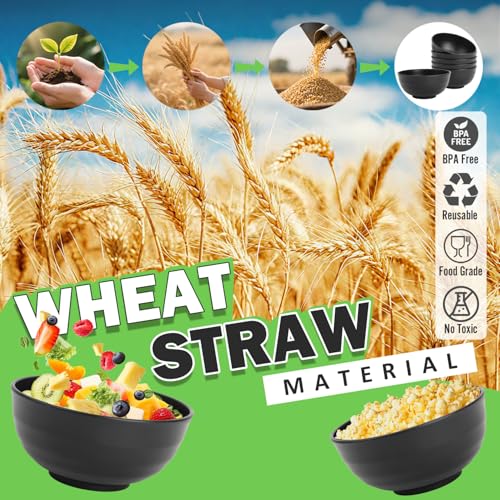 Wheat Straw Bowls Set of 6, Unbreakable Lightweight 60 OZ Salad Bowls for Kitchen and Camping, Big Plastic Bowl for Serving, Cereal, Ramen, Soup, Microwave & Dishwasher Safe, Black - color: Black, size: 60 Oz