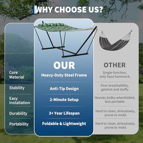 Garvee 2 Person Portable Double Hammock for Outdoor with Pillow, Heavy Duty Portable Hammock with Adjustable Steel Stand for Patio, Garden, Beach, Backyard - color: Green Banana Leaf Color, size: T-shaped Bracket