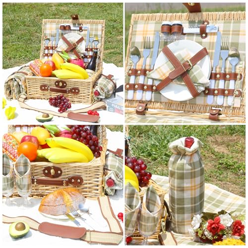 Picnic Basket for 2 with Blanket, Willow Picnic Basket Set with Shoulder Strap&Wine Pouch, Large Willow Hamper with Insulated Cooler for Outdoor, Camping, Beach, Couples, Wedding Gift - color: Green and Yellow Grid