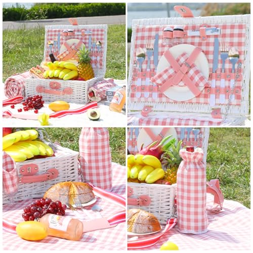 Picnic Basket for 2 with Blanket, Willow Picnic Basket Set with Shoulder Strap&Wine Pouch, Large Willow Hamper with Insulated Cooler for Outdoor, Camping, Beach, Couples, Wedding Gift - color: Pink and White Grid