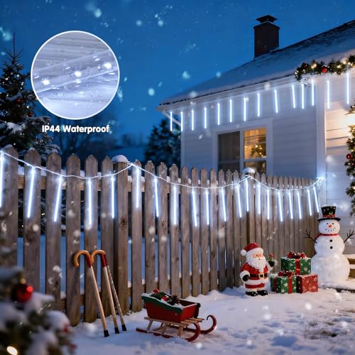 JMEXSUSS White Solar Christmas Lights, 8 Tube 144 LEDs Solar Meteor Shower Lights Outdoor, White Christmas Light for Tree Wedding Xmas Holiday Party Patio GazeboDecor - color: Cool White, size: 1*144LED