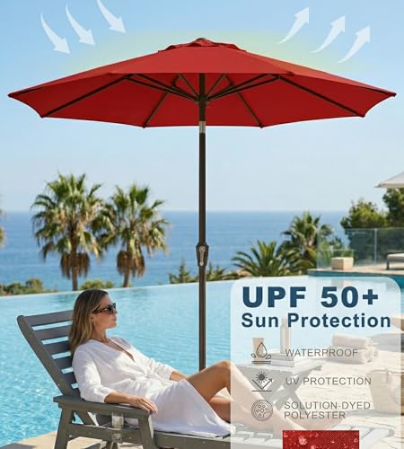 PatioKingdom Auto-Tilt 9FT Patio Umbrella Outdoor with 8 Sturdy Fiberglass Ribs,Market Table Umbrella for Pool,Backyard,Deck and Garden - color: Red, size: 9FT