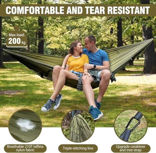 Camping Hammock with Mosquito Net, Lightweight Portable Double & Single Hammock Tent with 2 Tree Straps, Parachute Nylon Hammock for Outdoor Backpacking Beach Backyard Patio Hiking, Arm Green