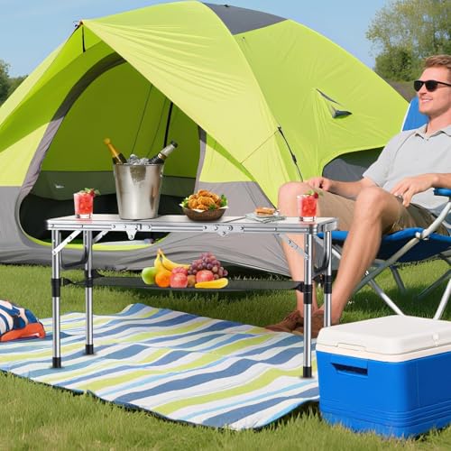 Anbte Folding Camping Table with Storage Net, 3ft Camping Table Aluminum Folding Table with 3 Adjustable Height Max 27.1 Inch, Portable, for Outdoor Backyard BBQ, Silver - color: Silver