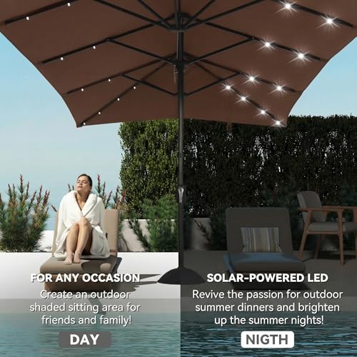 15×15ft Outdoor Patio Umbrella, Double Sided Market Rectangle Umbrella with Crank Handle, Large Sun Shade for Outside Deck, Backyard, Garden - color: Brown with LED lights