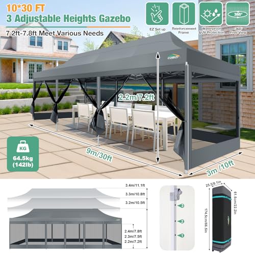 COBIZI 10x30 Canopy Tent, Heavy Duty Pop up Canopy with Sidewalls, Waterproof Easy Setup Canopy with Mosquito Netting, Outdoor Instant Screen Tents for Parties, Wedding with Roller Bag, Gray - color: Gray, size: 10x30FT