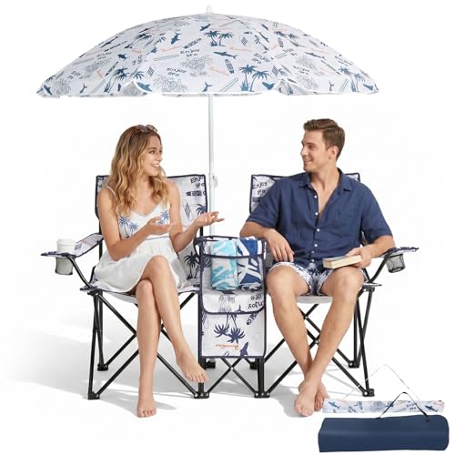 Outvita Folding Double Camping Chair w/Umbrella Beverage Holder Carrying Bag Cooler Fold Up Table, Large Bearing Capacity for Beach Patio Pool Park Outdoor Shark Pattern - color: Shark Pattern