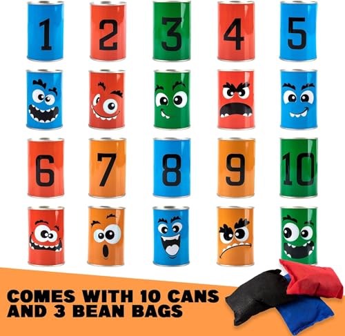 Bean Bag Toss Game for Kids Outdoor Indoor Family Fun, Knockdown Tin Can Alley Game for Holiday Birthday Party Games - 10 Funny Face Cans and 3 Beanbags