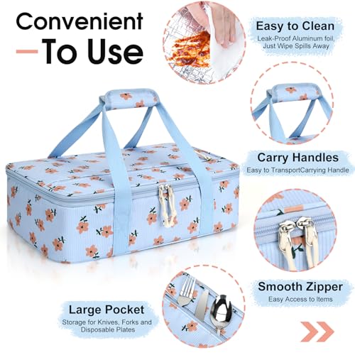 Corduroy Casserole Carrier, Insulated Lasagna Lugger for Hot/Cold Food, Fits 9" x 13" Baking Dish, Thermal Lunch Tote for Potluck & Picnic-Corduroy Pink Flowers - color: Corduroy Pink Flowers, size: 16x10x4 in