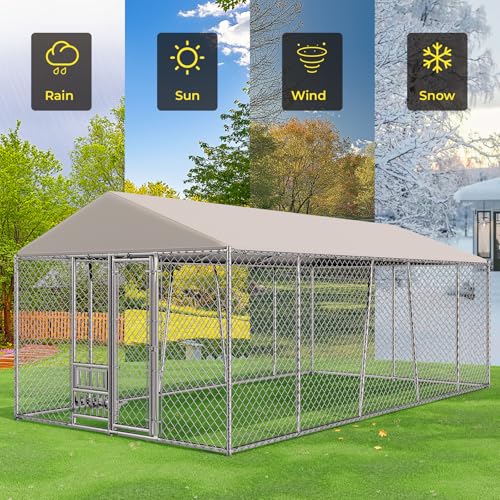 Lyromix 10 x 20FT Large Outdoor Dog Kennel with Bowls, Dog Kennel Outside with Waterproof Cover Roof, Galvanized Heavy Duty Chain Link Dog Runs Cage Playpen for Outside with Secure Lock