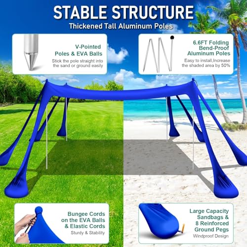 Beach Tent Sun Shelter Beach Canopy Tent Sun Shade Pop Up 10x10 UPF50+ with 8 Sandbags-2 Sand Shovel-Portable 4 Aluminum Poles-Ground Pegs-Easy Setup for Outdoor Family Camping Fishing Picnic - color: Navy
