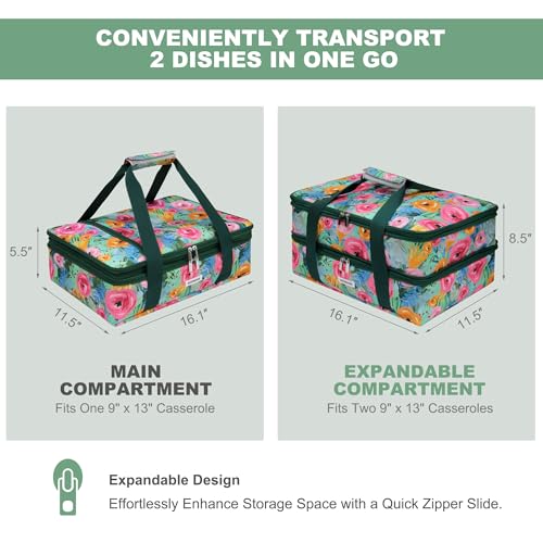 Double Decker Insulated Casserole Carrier, Expandable Thermal Food Warmer Bag Fits 9x13 Dish, Leak-Proof Potluck Lasagna Holder with Utensil Pocket for Picnic Party Cookout (Green Floral) - color: Green Floral
