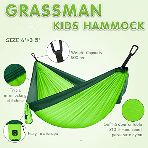 Grassman Kids Small Hammock for Camping Portable Hammock for Child Girls Boys Ultralight Backpack Mini Hammocks with Straps Green - color: Green, size: one pack