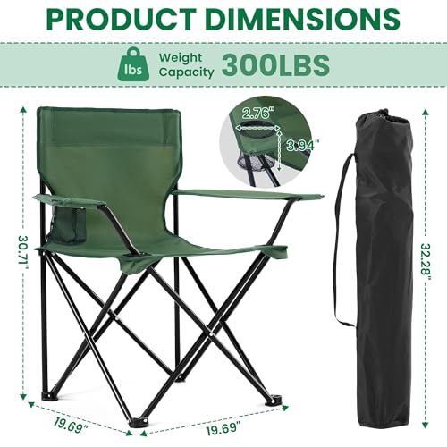 2-Pack Foldable Camping Chairs with Cup Holder, 300LB Lawn Portable Folding Chairs for Adults, Lightweight Outdoor Beach Chairs with Carry Bag for Camp, Fishing, Sports (Green) - color: Green, size: 2pcs