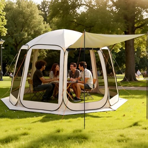 VEVOR Pop up Screen House Tent, 12 x 11 ft, 10-12 Person Screen Gazebo with Extended Awning, Portable Screened in Canopy with Carry Bag, Netting Sides, for Patio, Backyard, and Outdoor Activities - color: Beige 1, size: 12x11x7.55 FT