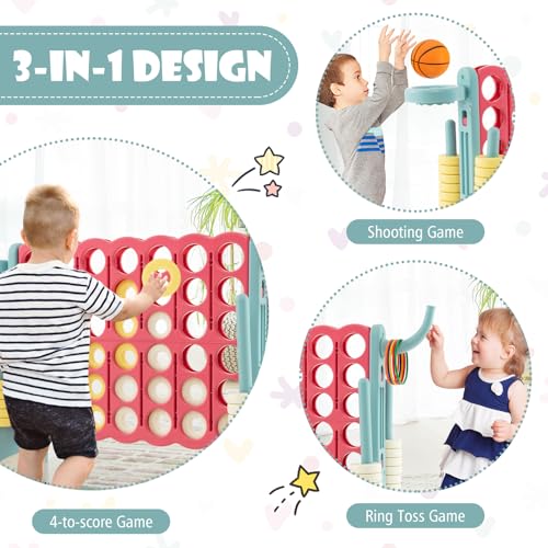 Costzon Giant 4-in-A-Row, Jumbo 4-to-Score Giant Game w/Basketball Hoop, Ring Toss, Quick-Release Slider, 42 Jumbo Rings, Indoor Outdoor Family Connect Game for Kids & Adults, Backyard Games - color: Red/Aqua