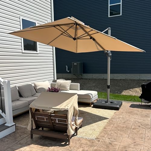 PURPLE LEAF 9’ X 9‘ Patio Umbrella Outdoor Cantilever Umbrella, Aluminum Offset Umbrella with Champagne Frame and 360° Rotation for Pool Deck Garden, Beige - color: Beige, size: 9' x 9'