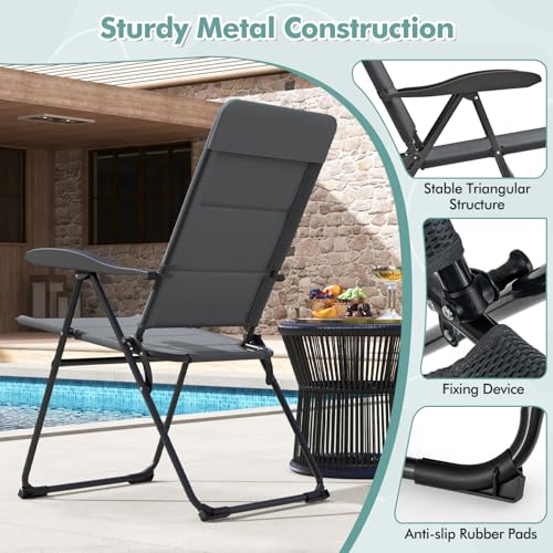 Tangkula Patio Chairs Set of 2, Folding Patio Dining Chairs with 7 Adjustable Backrest Positions, Outdoor Padded Lawn Chairs for Patio Garden Poolside Yard Beach, Support 300 lbs (2, Grey) - color: Grey