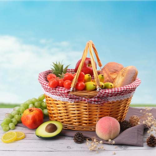 1 Pack 14.2 Inch Natural Wicker Basket with Checkered Lining, Oval Wicker Woven Basket with Handle, Willow Woven Picnic Baskets for Picnic, Camping, Party(Large) - size: 1 Pack 14.2in Natural