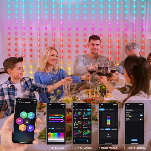 echosari Smart Curtain Lights 6.6 x 9.8Ft 16 Million Colors Changing 300 LED Fairy Curtain Lights DIY Functions with Remote APP Hanging Light for Patio Bedroom Decor - color: Smart RGB, size: 9.8Ft x 9.8Ft