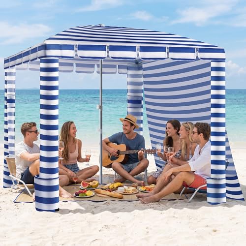 Umineux Beach Cabana - 8FT Beach Canopy with Side Wall, Easy Setup Beach Tent Sun Shelter, Waterproof Tent - Portable Shade for Whole Family (Navy Stripes) - color: Navy Stripes, size: 8ft