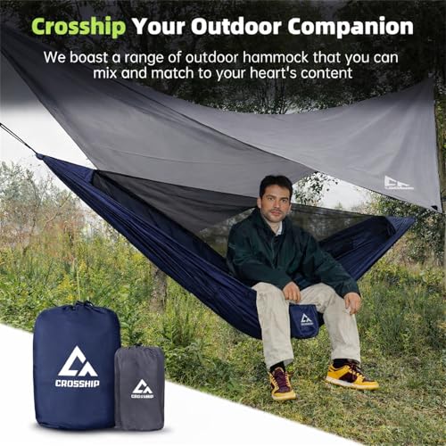 Camping Hammock with Mosquito Net and RainFly Tarp - 2 Person Hammock, Portable Parachute Nylon Hammock for Outdoor, Hiking, Backpacking, Backyard, Travel (Up to 500lbs) - Midnight Blue - color: Midnight Blue