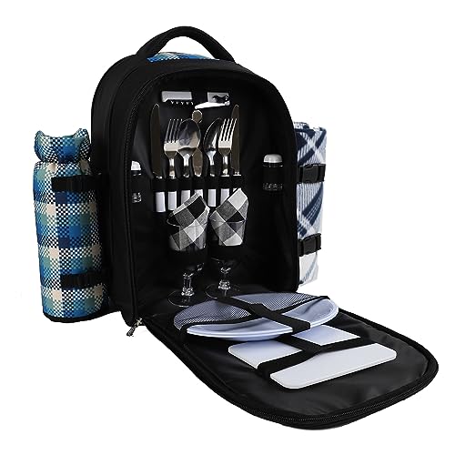 apollo walker Picnic Backpack Bag for 2 Person with Cooler Compartment, Detachable Bottle/Wine Holder, Fleece Blanket, Plates and Cutlery Set - color: Black1, size: 2 Person